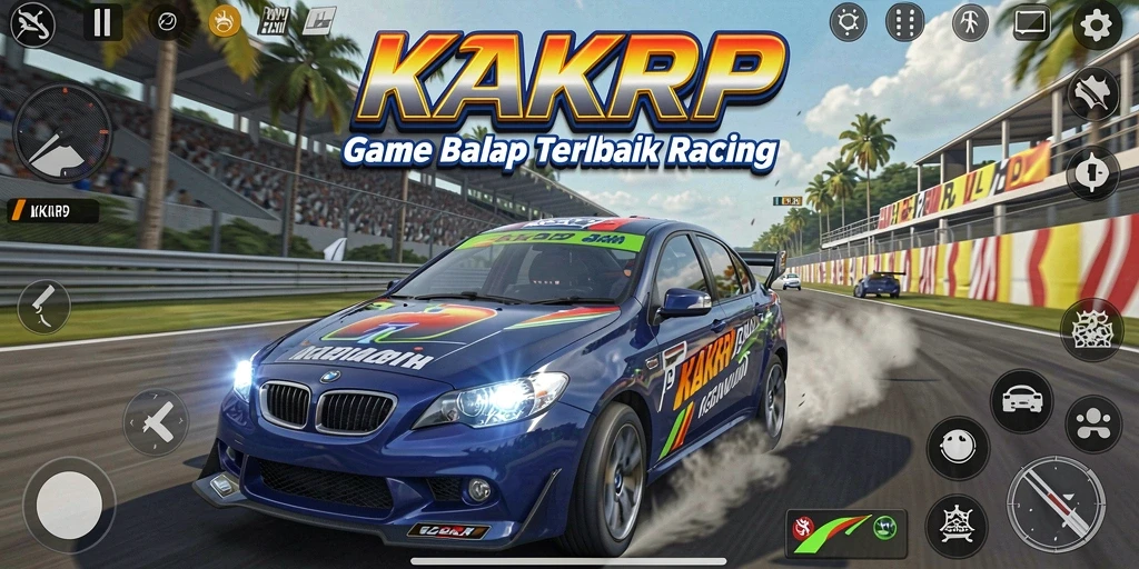 Tampilan gameplay KAKRP dengan mobil balap yang menakjubkan.