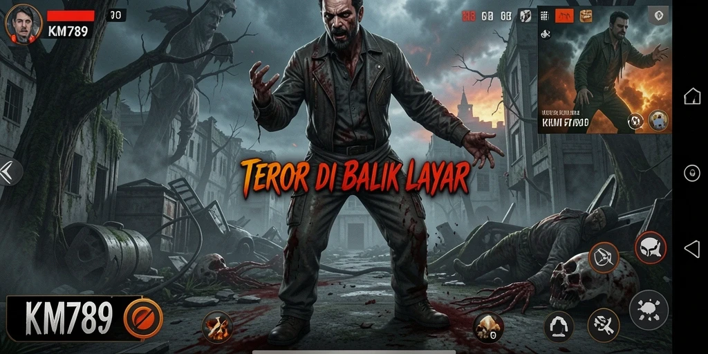 Tampilan gameplay KM789 yang menyeramkan dengan suasana horor yang mencekam.