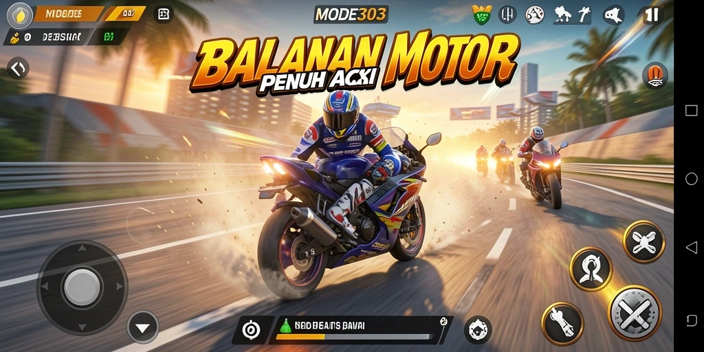 Tampilan gameplay menarik dari MODE303 dengan motor balap berkecepatan tinggi.