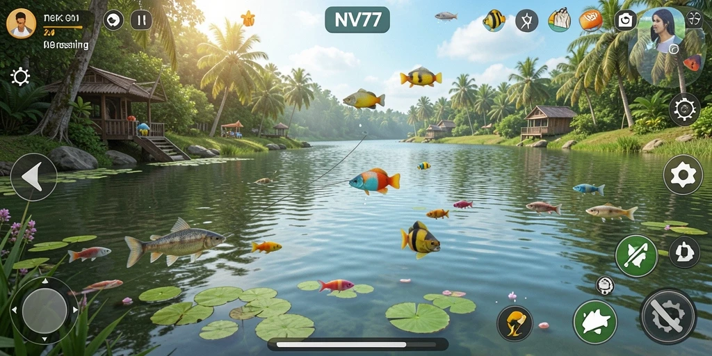 Screenshot NV77 menampilkan momen seru saat memancing ikan besar.