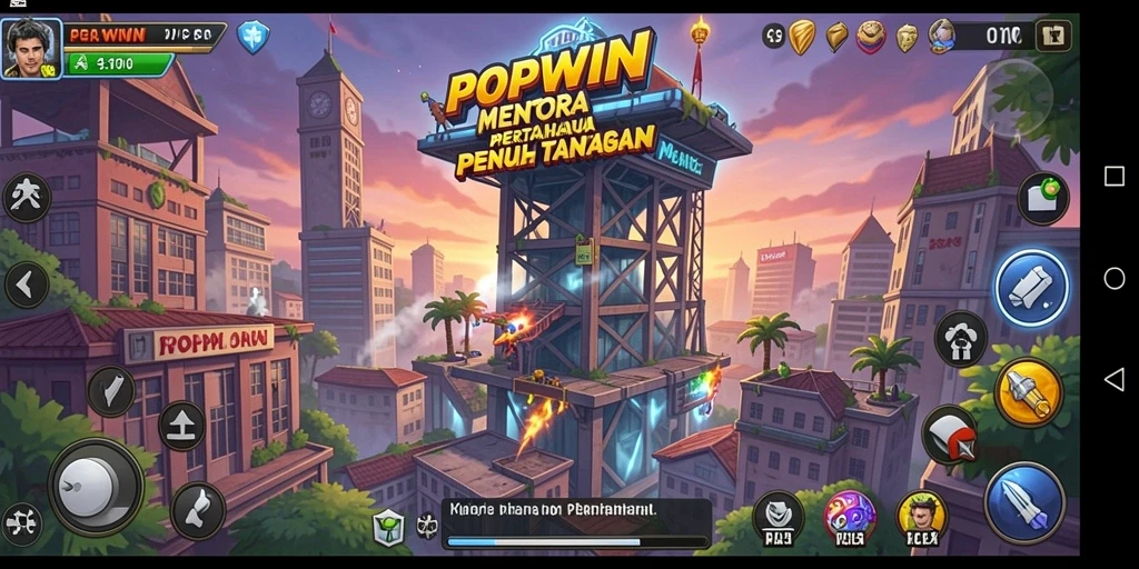Tampilan screenshot utama POPWIN menunjukkan aksi menara pertahanan yang intens.