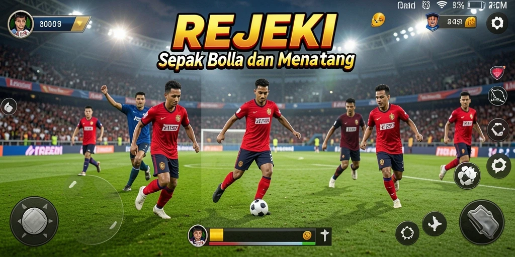 Screenshot gameplay REJEKI menampilkan aksi seru sepak bola.