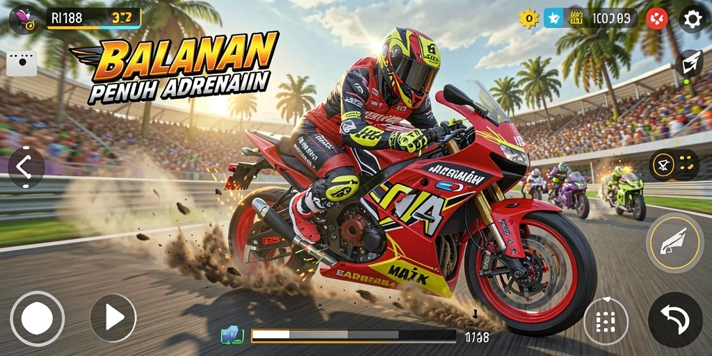 Gambar menunjukkan aksi balapan seru di RI188 dengan motor cepat.