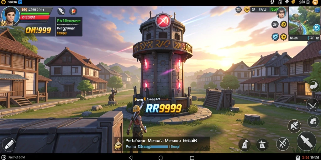 Screenshot gameplay RR999 menampilkan menara dan aksi menaklukkan musuh.