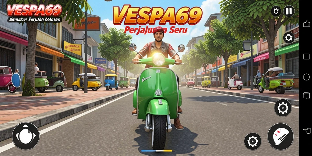 Tampilan menarik dari gameplay VESPA69 yang menampilkan petualangan berkendara.