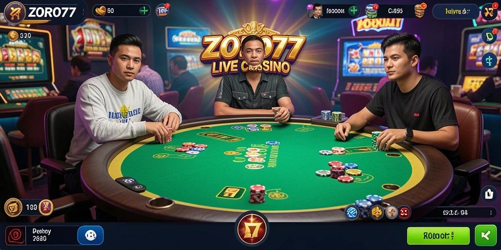 Tampilan seru gameplay Live Casino ZORO77 dengan dealer langsung.